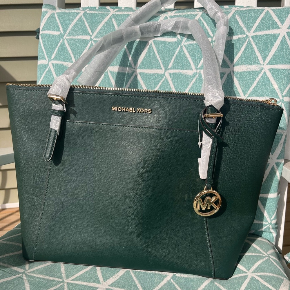 Michael Kors Forest Green Saffiano Leather Tote with Gold Hardware